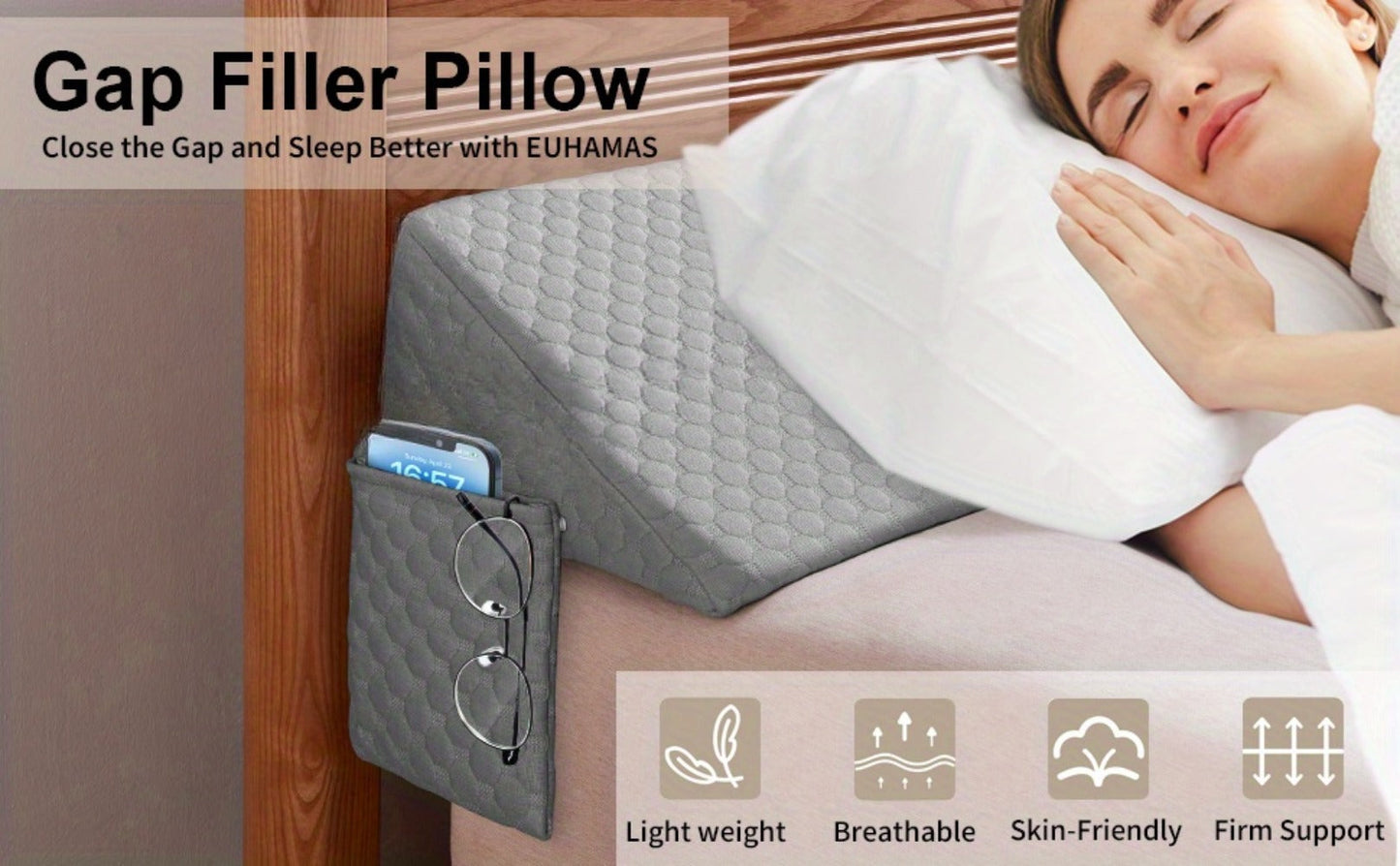 Mattress Gap Wedge Pillow in Twin, Full, Queen or King with Grey, White and Bamboo-Labeled Options
