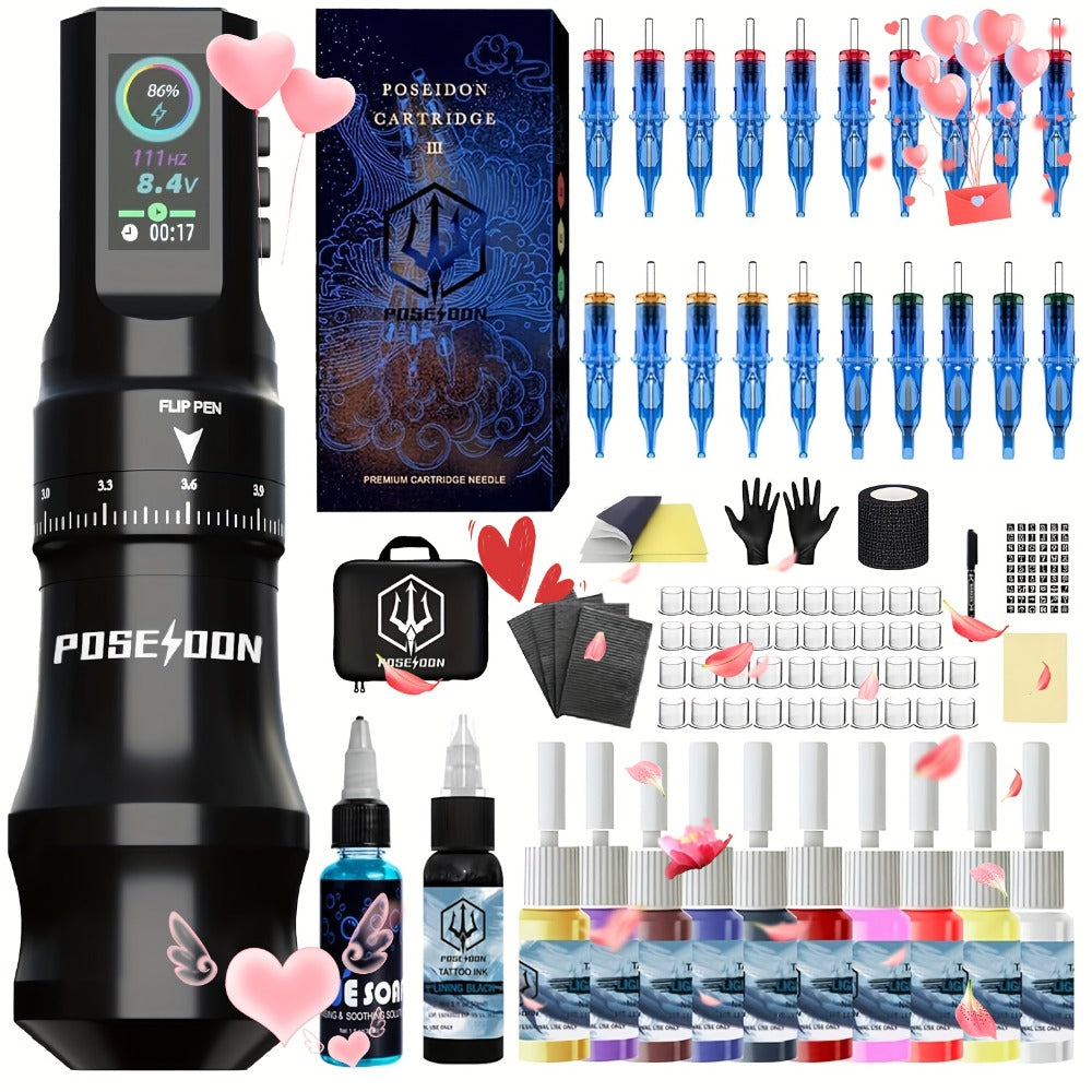 Tattoo Machine Kit POSEIDON TU33 Wireless Rotary Pen with LCD Color Screen, USB-C, 20 Cartridges and 11 Inks