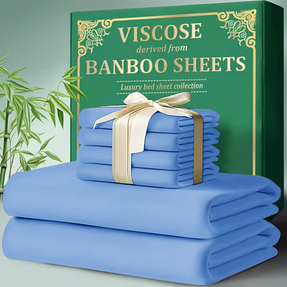 Bed Sheet Set 4-Piece Bamboo-Derived Cooling Fabric with Deep-Pocket Fitted Sheet and Four Bed Sizes