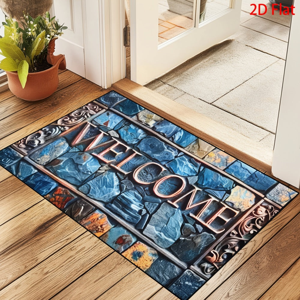 Blue Mosaic Stone Welcome Doormat in 40 x 60 or 50 x 80cm Rectangular Size Options Pictured