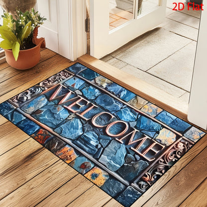 Blue Mosaic Stone Welcome Doormat in 40 x 60 or 50 x 80cm Rectangular Size Options Pictured