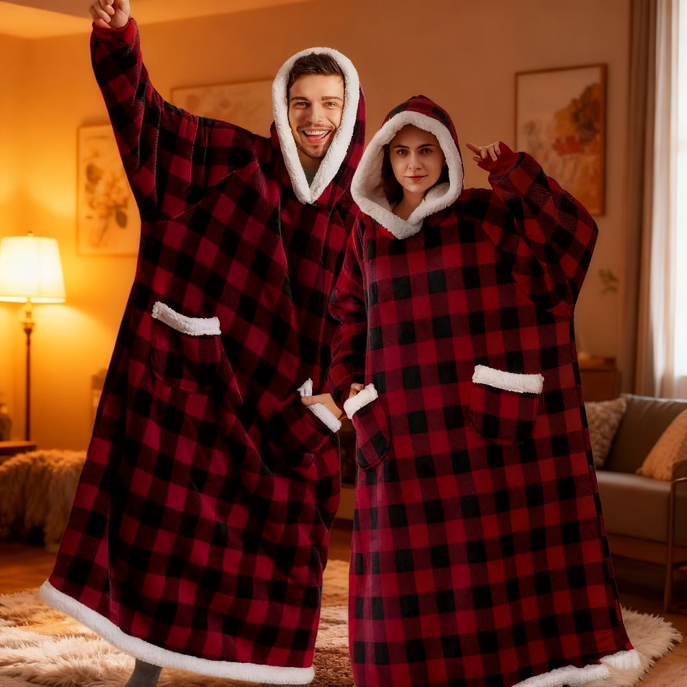 180cm Wearable Blanket Hoodie with Hood, Sleeves, Front Pocket and Four Solid or Plaid Color Options