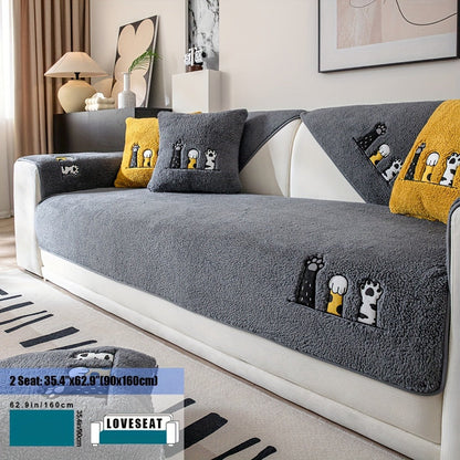 Sofa Cover, Sherpa Plush Cat-Paw Embroidered Seat Pad with Backing Detail in Four Colors and Seven Sizes