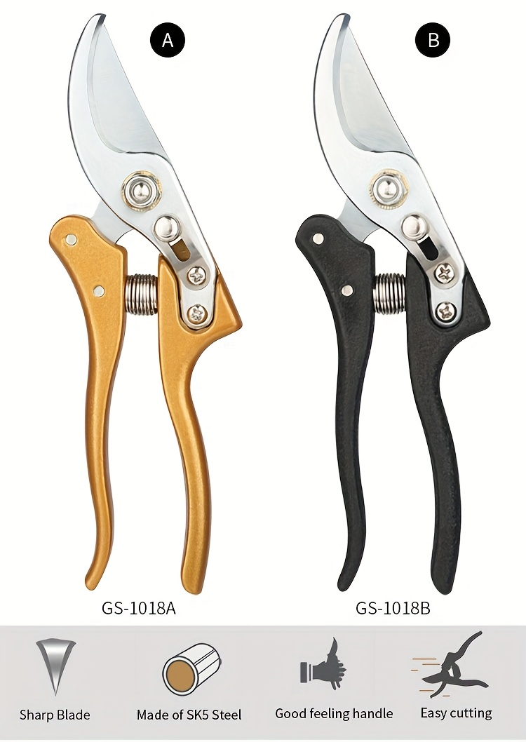 Bypass Pruning Shears with Curved Blade, Return Spring and Gold or Black Coated Handle Options