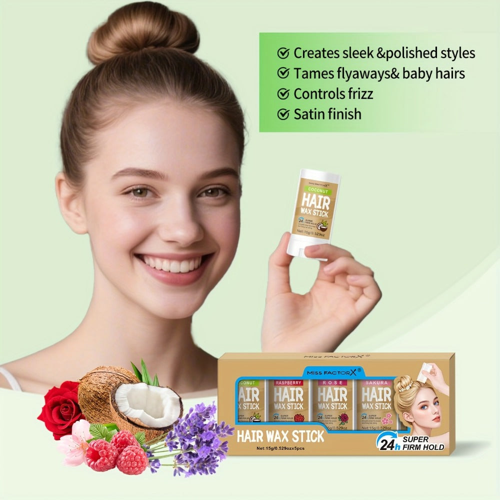 Hair Wax Stick 5 Pack Flyaway Control Edge Control with Jojoba Oil for Home, Travel and Salon Hair Styling