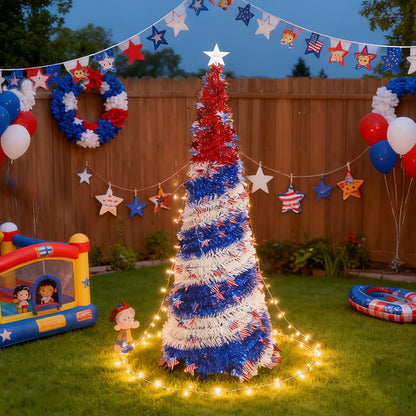4th of July Patriotic Decoration Tree 5ft, Foldable LED Light String with Red White Blue Stars & Stripes