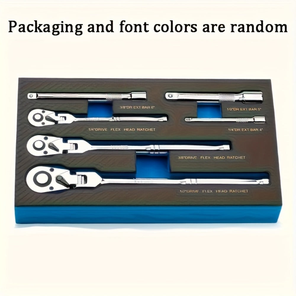 Three- or Six-Piece Flex-Head Ratchet Handle Set with 1/4, 3/8 and 1/2-Inch Drives and Extensions