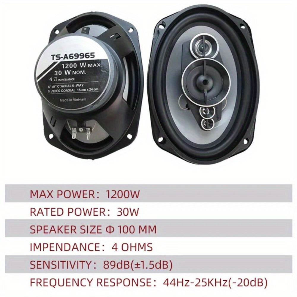 1200W 5-Way Coaxial Car Speakers 6x9 Inch – HiFi Full Range 44Hz-25kHz, 4-Ohm, 89dB Sensitivity, Universal 12V Fit for Car Door Stereo Audio