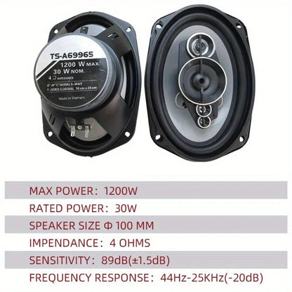 1200W 5-Way Coaxial Car Speakers 6x9 Inch – HiFi Full Range 44Hz-25kHz, 4-Ohm, 89dB Sensitivity, Universal 12V Fit for Car Door Stereo Audio