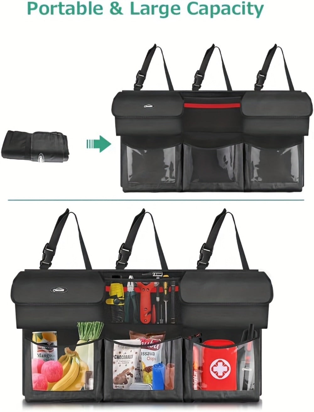 Car Trunk Organizer, 40 x 19 Inch Hanging Rear-Seat Bag with 6 Pockets and Three Adjustable Straps