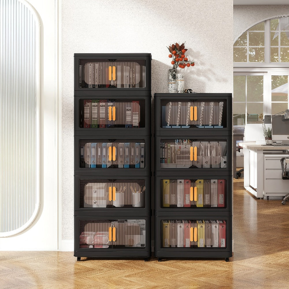 Storage Cart 4 or 5-Tier Enclosed Plastic Organizer with Double Doors, Folding Panels and Lockable Wheels