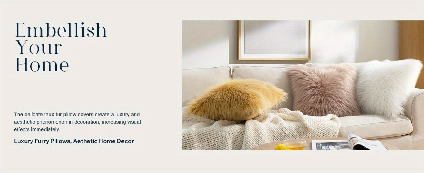 Faux Fur Throw Pillow Covers Pack of 2 – Luxury Soft Fluffy Decorative Cushion Covers for Couch Bed Sofa, Pet Friendly, Zipper Closure