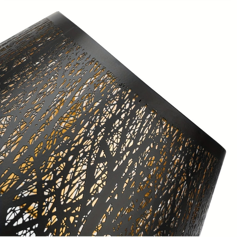 Metal Lampshade Etched Forest & Leaf Design | Black Exterior Gold Interior | Barrel Lamp Shade for Table Lamp & Floor Lamp |