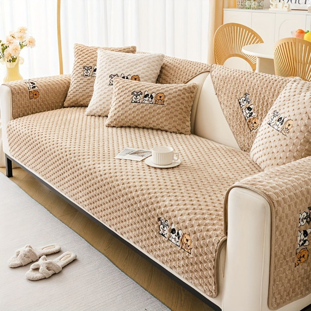 Sofa Cover, Honeycomb Velvet Animal-Embroidered Couch Pad with Backing Detail in Three Colors