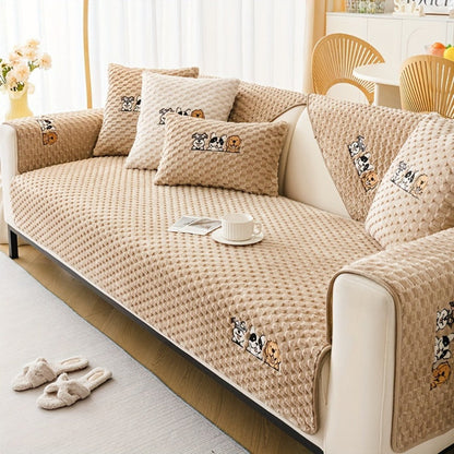 Sofa Cover, Honeycomb Velvet Animal-Embroidered Couch Pad with Backing Detail in Three Colors