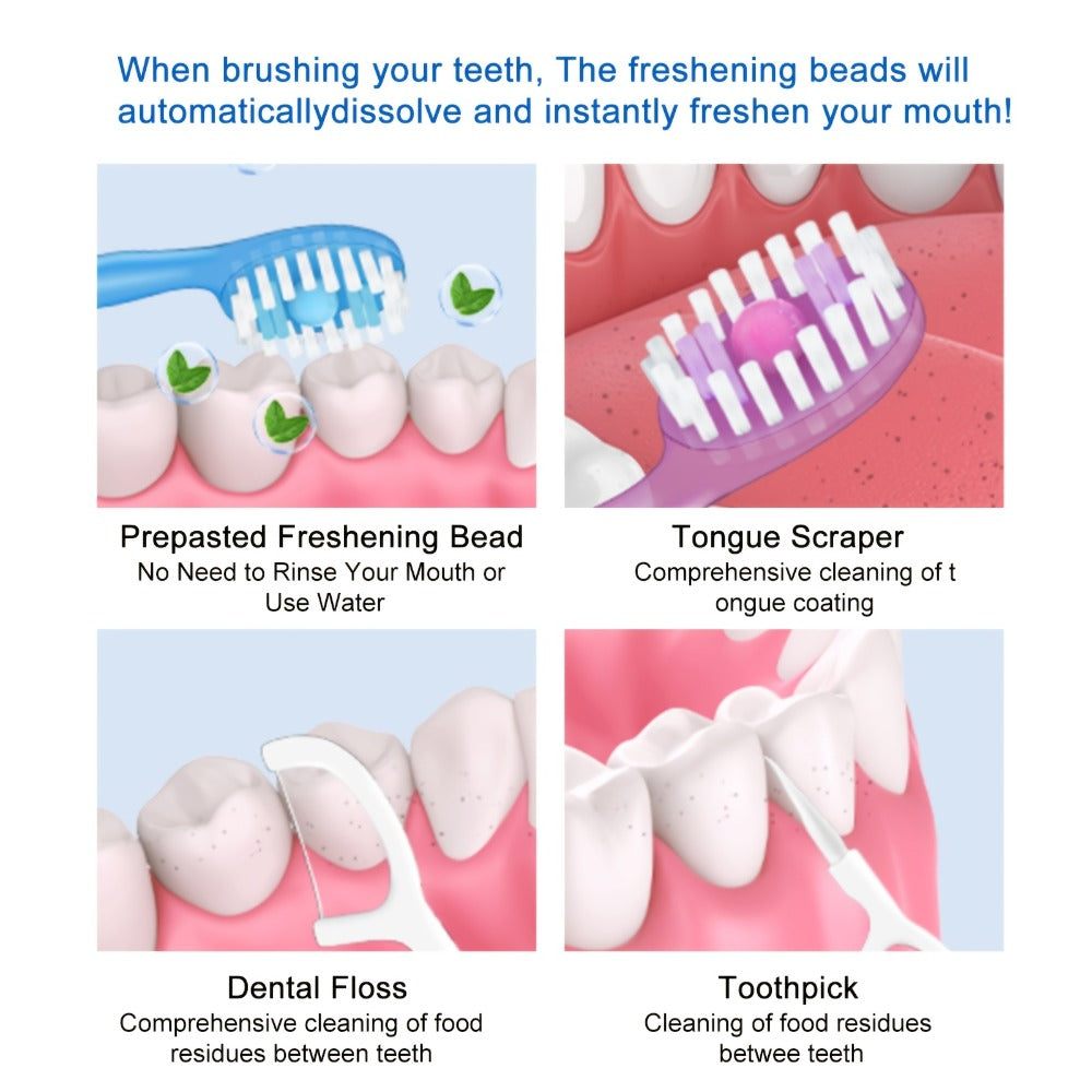Travel Disposable Toothbrush 5-in-1, Pre-Applied Mint Toothpaste, Floss, Pick & Tongue Scraper, Soft Nylon