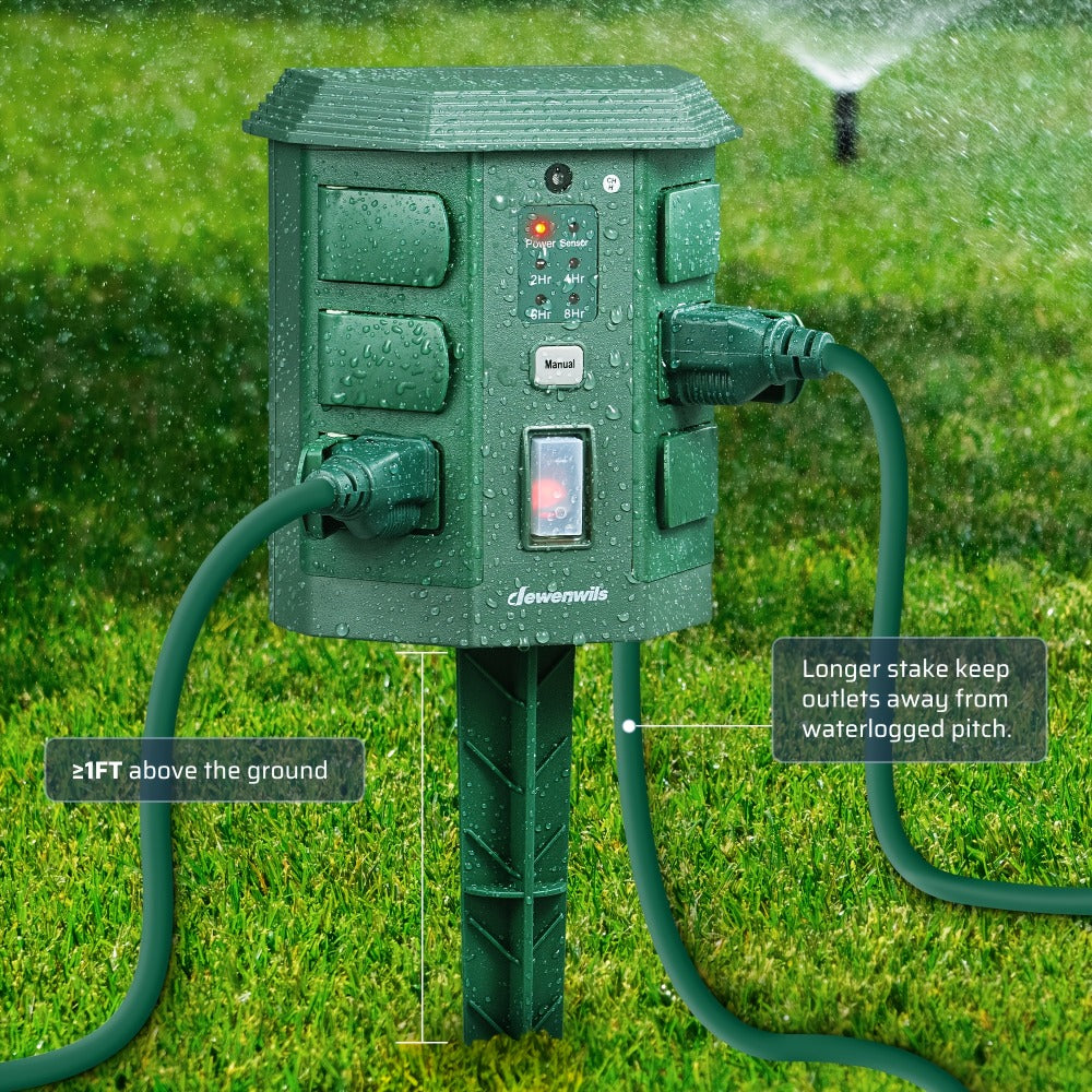 Outdoor Power Stake Timer 6 Outlet, 100FT Wireless Remote Control, Dusk to Dawn Photocell Sensor