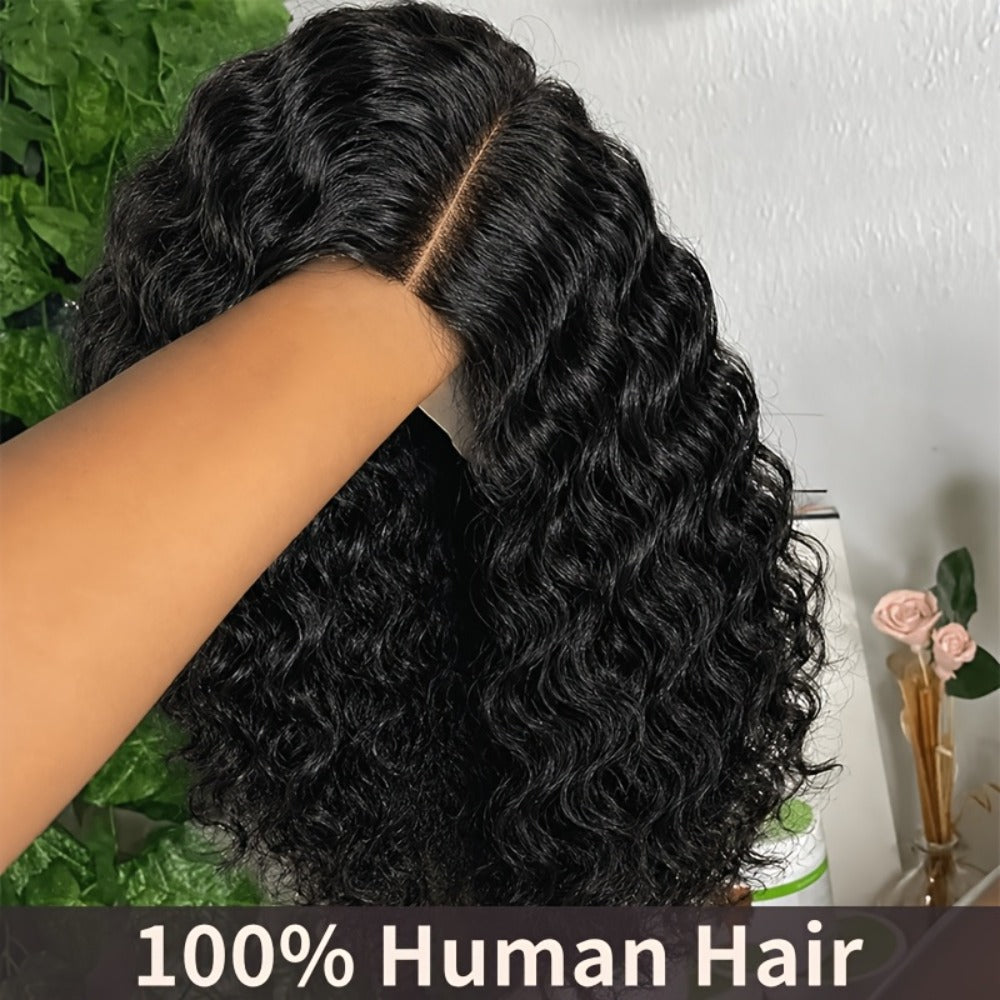 Lace Front Wig Deep-Wave Human Hair Bob, 12-Inch 1B or Natural Black with 4x4 Closure and 22.5-Inch Cap