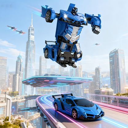 Remote Control Car, 1:18 Transforming Robot Model with One-Button Change, LED Lights, 360° Drift and Four Colors