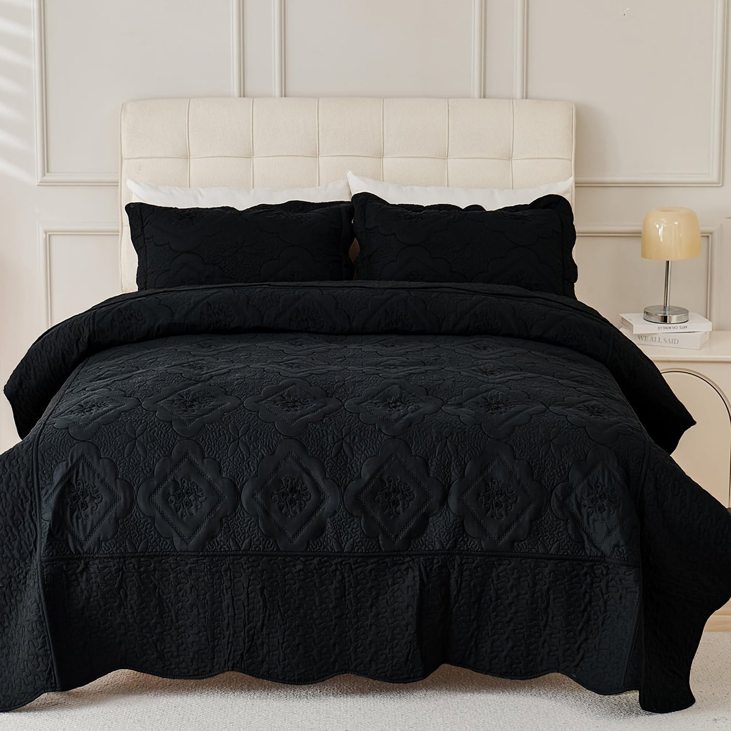 Quilt Set 3 Piece Floral Embroidery Bedspread – 100% Polyester Wrinkle Resistant Lightweight Quilted Coverlet with 2 Pillow Shams for Full