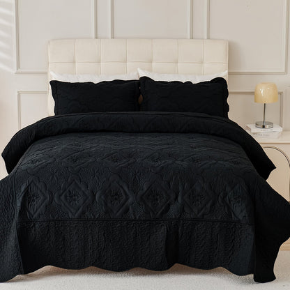 Quilt Set 3 Piece Floral Embroidery Bedspread – 100% Polyester Wrinkle Resistant Lightweight Quilted Coverlet with 2 Pillow Shams for Full