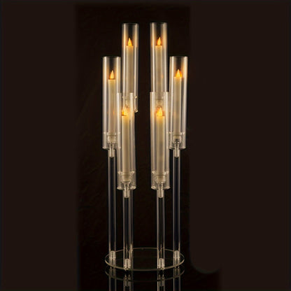 Clear Acrylic Six-Arm Candelabra with 68cm Height, 22cm Round Base and 2-, 4-, 10-, 12- or 20-Piece Options