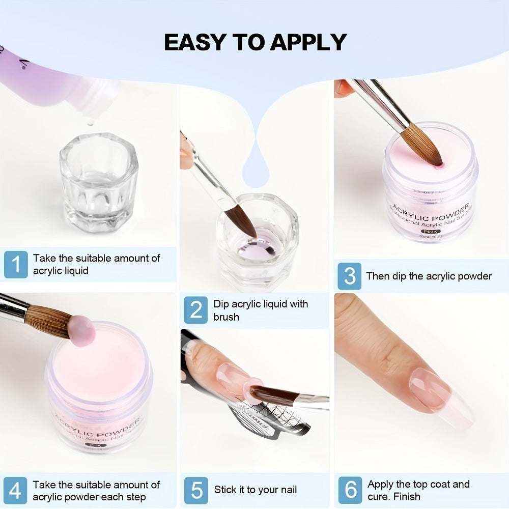 Acrylic Nail Kit with Clear Pink White Powders, Liquid Monomer, Four Brushes, Forms and Mixing Dish