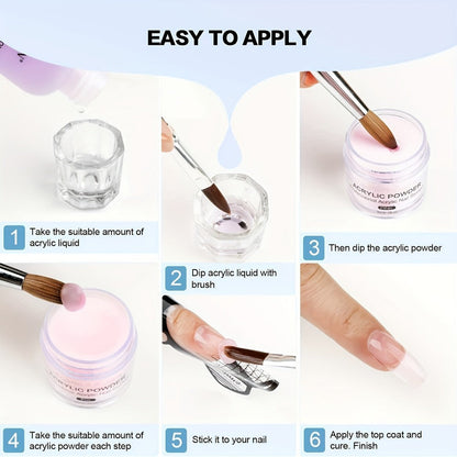 Acrylic Nail Kit with Clear Pink White Powders, Liquid Monomer, Four Brushes, Forms and Mixing Dish