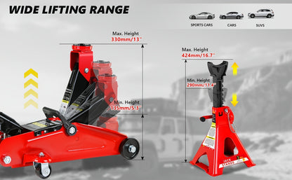 Hydraulic Floor Jack Kit 2/2.5/3 Ton Low Profile Trolley Jack with Jack Stands, Tire Repair Kit, Wheel Wrench & Wheel Chock Combo – Red/Blue