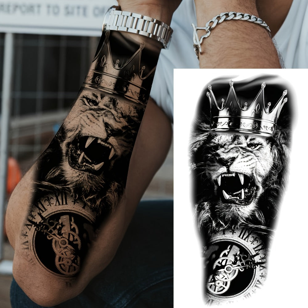 Temporary Tattoos, 32-Sheet Black Animal and Tribal Set with Wolf, Lion, Tiger, Skull and Rose Designs