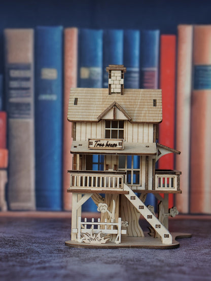 3D Wooden Tree House Puzzle Model Kit with 17 x 12.5 x 11.5 cm Display Size and Detailed Cabin Architecture