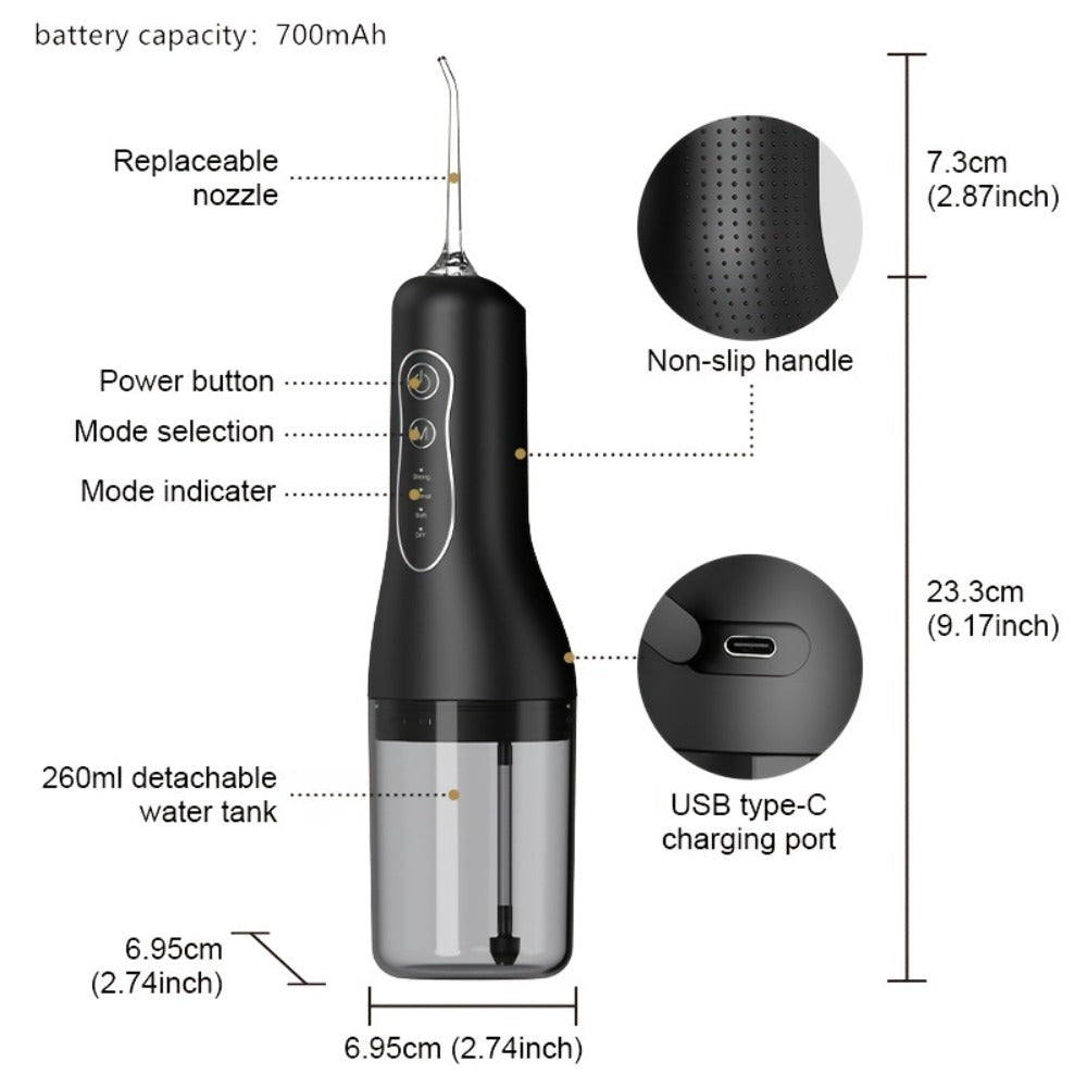 Water Flosser Cordless Black 300ml Oral Irrigator with Four Modes, Four Nozzles, 700mAh Battery, USB Charging and IPX7 Rating