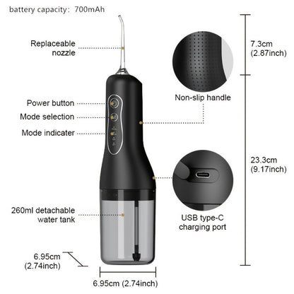 Water Flosser Cordless Black 300ml Oral Irrigator with Four Modes, Four Nozzles, 700mAh Battery, USB Charging and IPX7 Rating