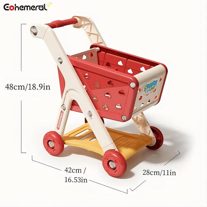 Kids Pretend Play Shopping Cart Toy Set with Realistic Food & Grocery Accessories, Supermarket Role Play for Toddlers Girls Boys Ages 3+