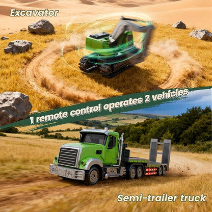 RC Semi Truck with Flatbed Trailer & Alloy Excavator Set 1:12 Scale, 11-Channel Dual Control, Sound & Lights