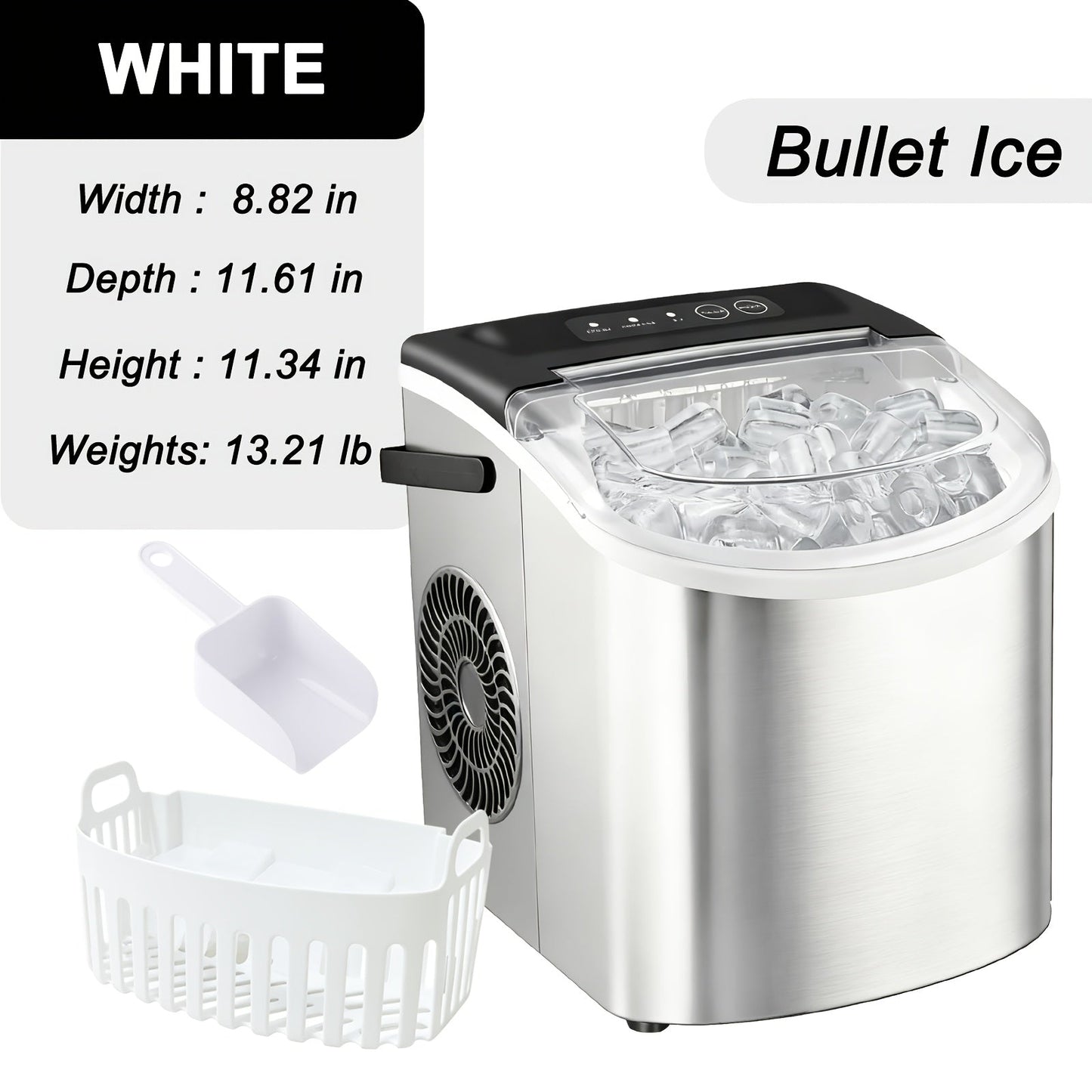 Ice Maker with Basket & Scoop, /Day Countertop Bullet Ice Machine, 9 Cubes in 6 Mins, Self-Cleaning