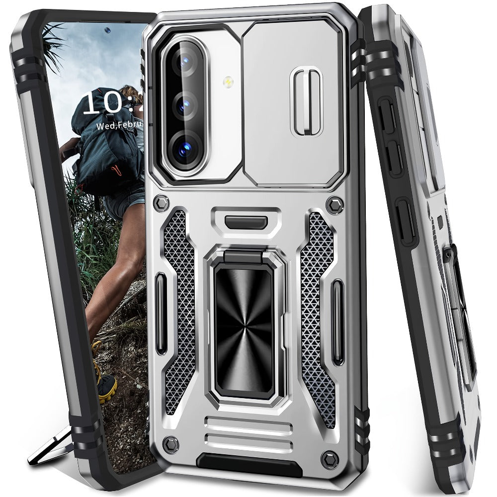 Samsung Galaxy Shockproof Magnetic Phone Case with 360° Rotating Ring Bracket & Sliding Lens Protector – Heavy Duty Cover for S24FE S23FE