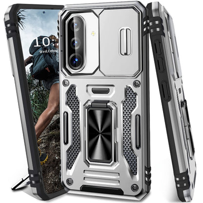 Samsung Galaxy Shockproof Magnetic Phone Case with 360° Rotating Ring Bracket & Sliding Lens Protector – Heavy Duty Cover for S24FE S23FE