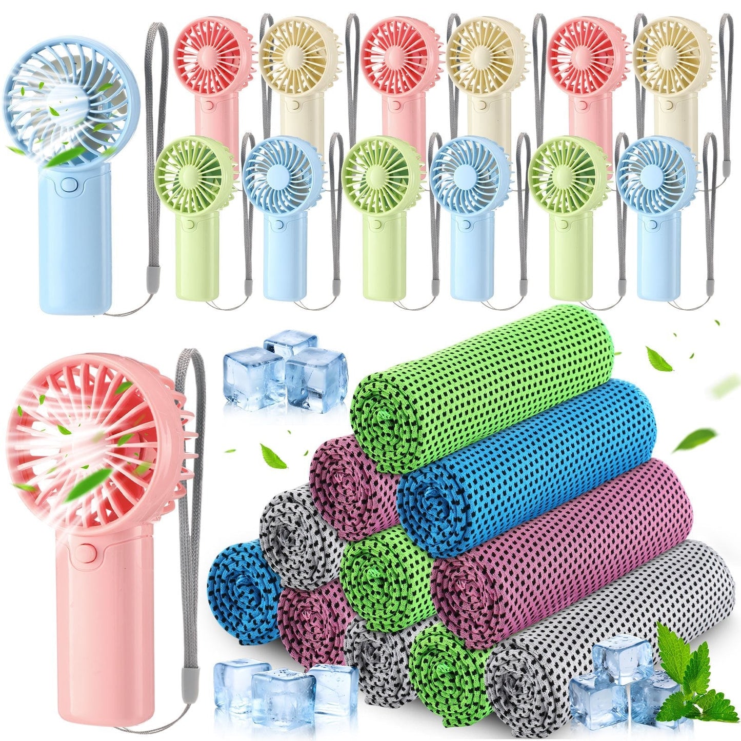 Portable Cooling Towel & Handheld Fan Set 24-Pack – Mini Ice Towels with Fans for Sports, Gym, Yoga, Travel & Camping