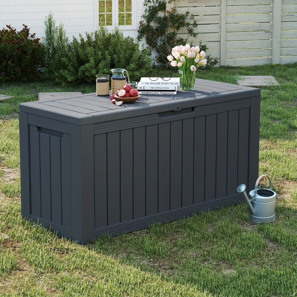 Large Resin Deck Box Lockable Outdoor Storage 80/100 Gallon, 345L UV Patio Storage Box for Garden, Patio and Yard Use