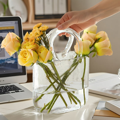 Glass Purse Vase for Flowers Glow in the Dark Vase Fish Bowl Bubble Clear Bag Vase with Handle 7.7x3.9x10.4In Unique Decorative Vases