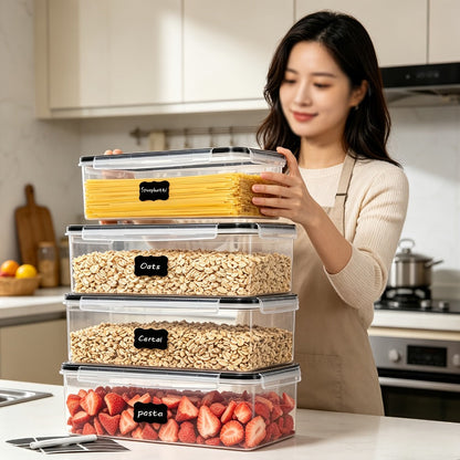 Food Storage Containers Four-Pack 108 oz Pantry Canisters with Clip-On Lids, Spoons, Labels and Pen