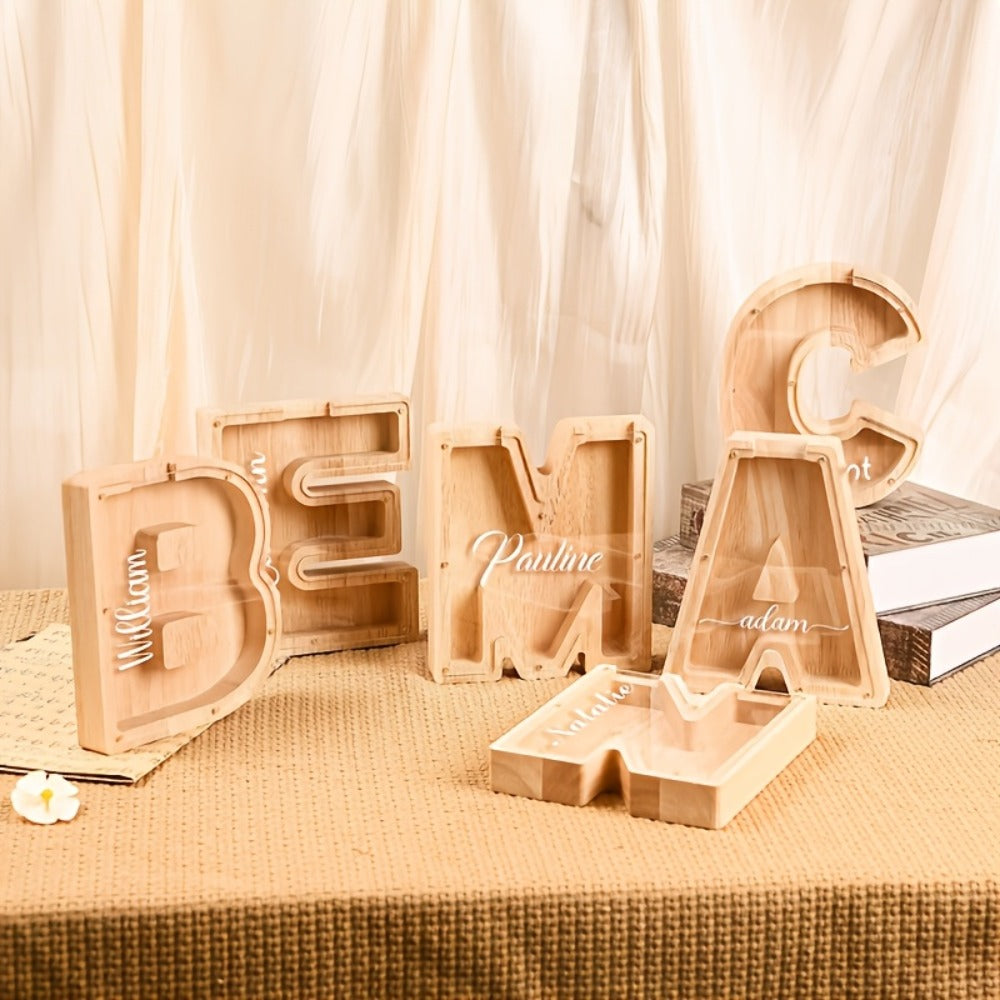 Alphabet Wooden Money Bank for Adults A to Z Letter Piggy Bank – Personalized Coin Bank Home Decor Craft Art Decoration