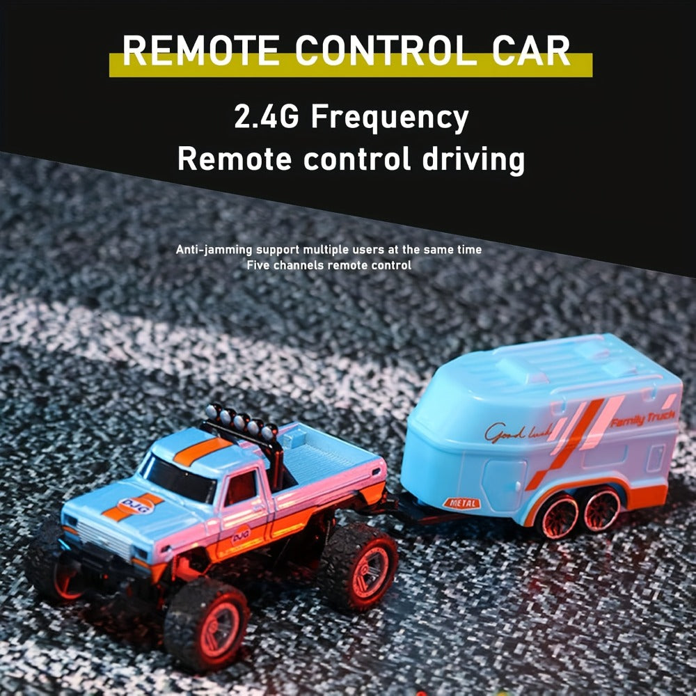 Mini RC Truck Toy 1:64 Scale 2.4GHz Off-Road Alloy Crawler with Detachable Trailer Body Lights & LED Headlights