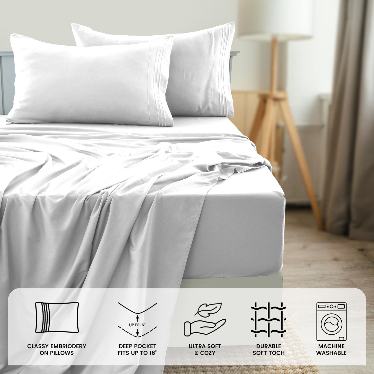 Fitted Sheet Set 6-Piece Brushed Polyester Deep Pocket Bed Sheets 20 Colors Hotel Luxury Bedding with Embroidered Pillowcases