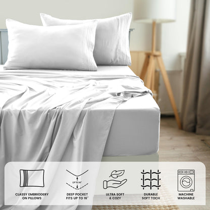 Fitted Sheet Set 6-Piece Brushed Polyester Deep Pocket Bed Sheets 20 Colors Hotel Luxury Bedding with Embroidered Pillowcases