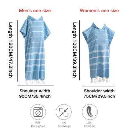 Hooded Beach Poncho Turkish Cotton Sandproof - Wearable Surf Changing Towel Thin Bathrobe, S & L