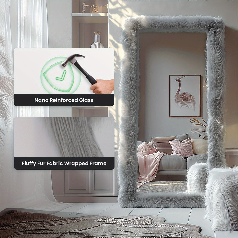 Full Length Mirror with Faux Fur Frame 24x63 Inch Leaning Floor Mirror for Bedroom Living for Entryways, Bedrooms and Living Spaces