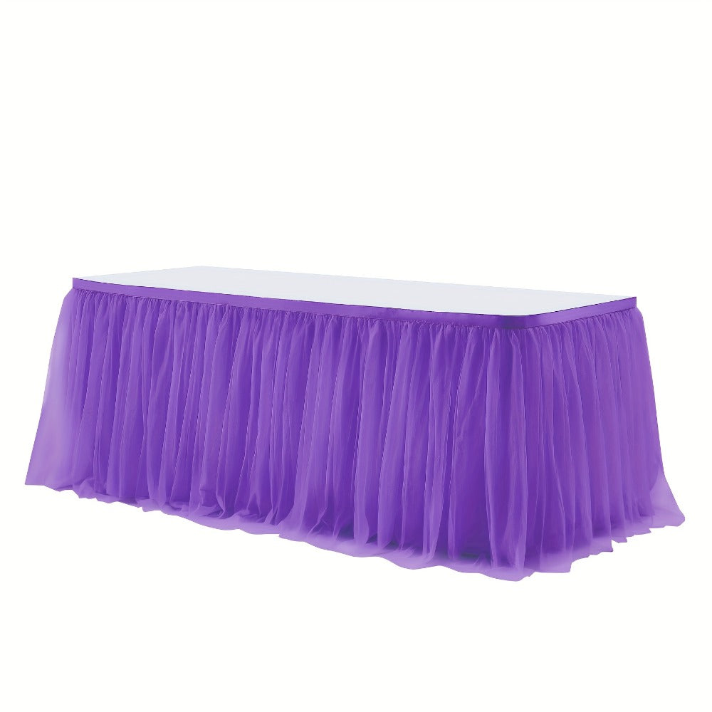 Six-Foot Gathered Tulle Table Skirt with Ten Solid or Multicolor Options for Parties and Events