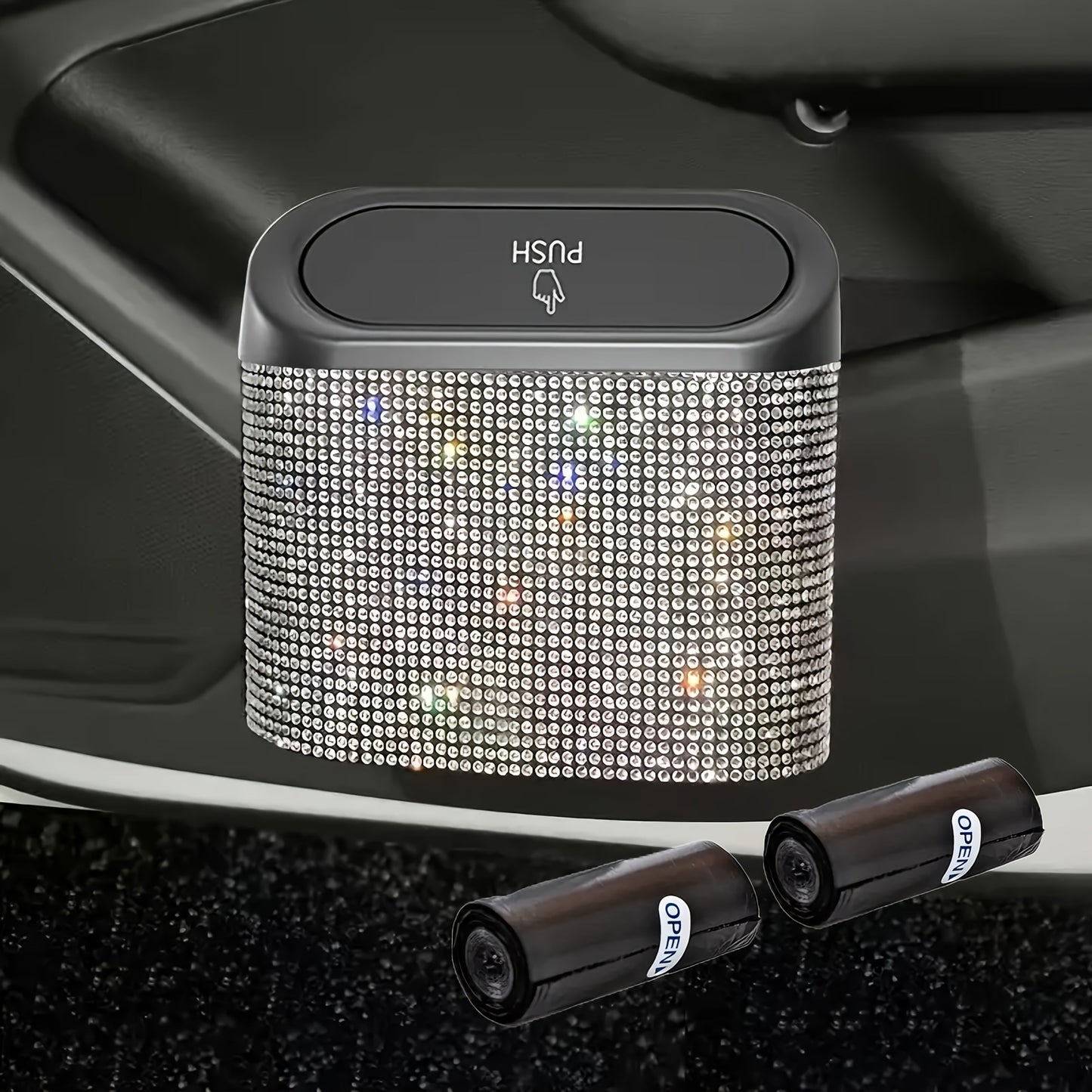 Rhinestone Push-Lid Car Trash Bin with Two Liner Bags, Black or Silver Finish and 16 cm Width